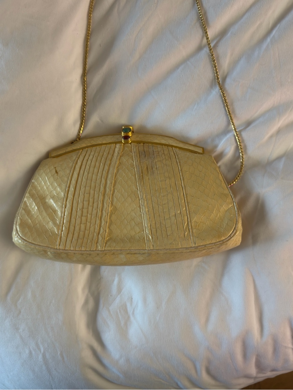 Vintage Judith Leiber Cream Clutch with Embellished Clasp and Gold Chain Strap
